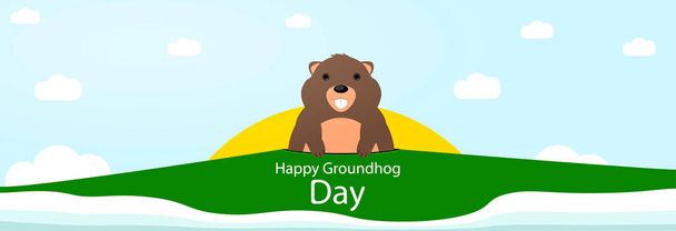 Feliz Día de la Marmota. Marmot mira desde una madriguera sobre un fondo de naturaleza. - Vector, Imagen
