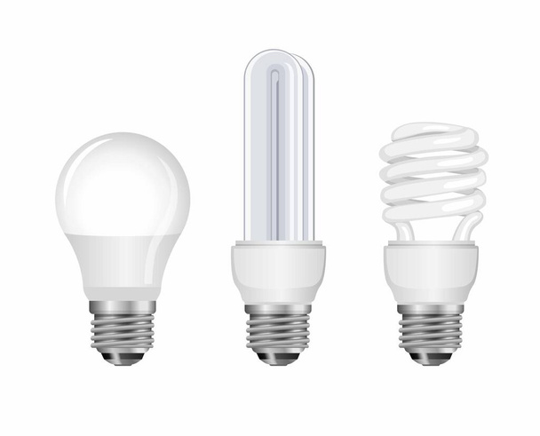 Σετ συλλογής λαμπτήρων νέον. lightbulp, λάμπα σπιράλ και έξυπνη λάμπα, εξοικονόμηση ενέργειας. έννοια σε ρεαλιστική εικονογράφηση διάνυσμα σε λευκό φόντο - Διάνυσμα, εικόνα