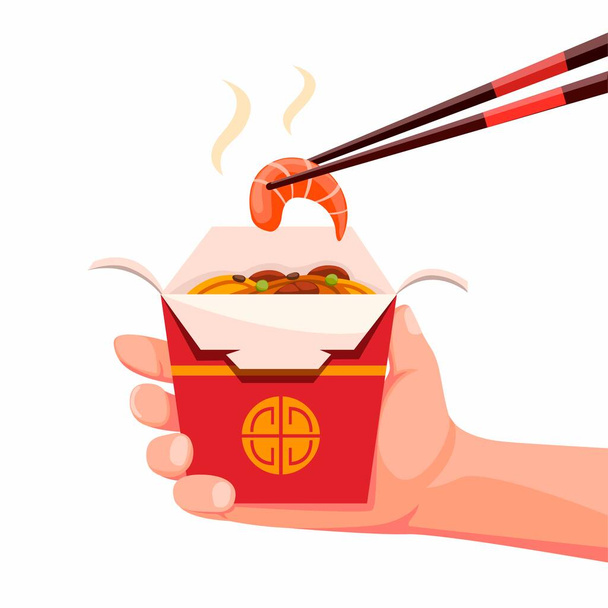 Kädestä tilalla riisi laatikko kiinalainen ruoka katkarapuja syömäpuikko, nuudelit äyriäiset paperilaatikossa. Käsite sarjakuva tasainen kuva vektori eristetty valkoisella taustalla - Vektori, kuva