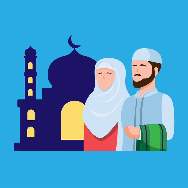 Muslim people praying in mosque, man and woman in front of mosque building silhouette symbol ramadan season in islam religion concept in cartoon flat illustration vector - Vector, Image