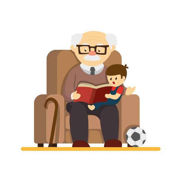 Ημέρα του παππού, ο παππούς κάθεται στον καναπέ και διαβάζει ιστορίες στα εγγόνια. σε επίπεδο διάνυσμα κινούμενης εικόνας απομονωμένο σε λευκό φόντο - Διάνυσμα, εικόνα