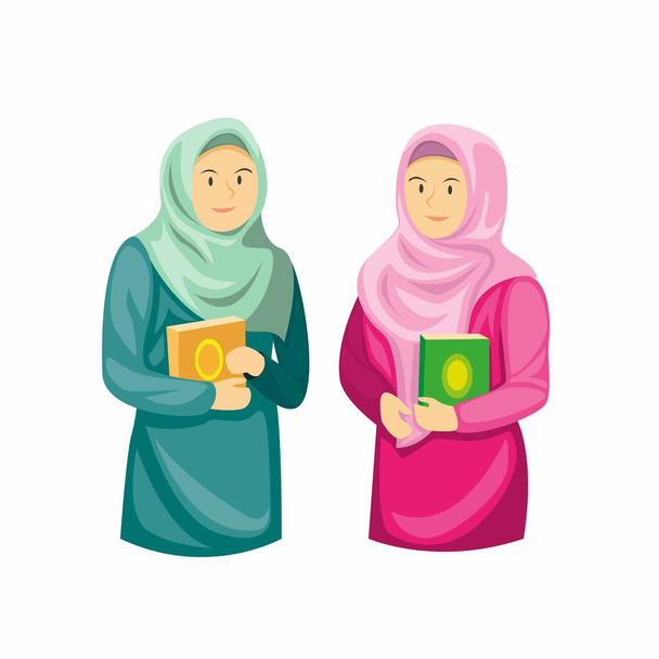 Két muszlim lányok gazdaság al quran, ramadán szezon dekoráció rajzfilm lapos illusztráció vektor elszigetelt fehér háttér - Vektor, kép