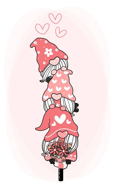 Cute sweet happy gnome on flower bicycle with heart, love Valentine gnome cartoon vector for t shirt print, greeting card, nursery print - Vector, Image