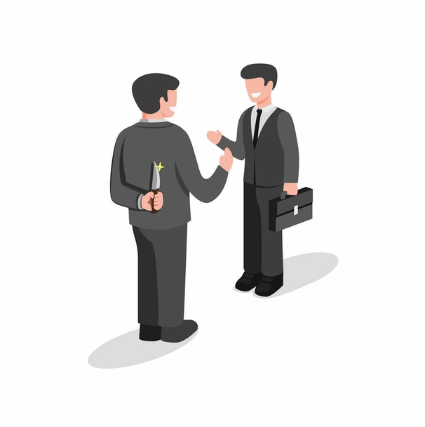 two business man standing and but first one holding knife behind back to backstab. hiding killer concept in cartoon flat illustration vector - Vector, Image