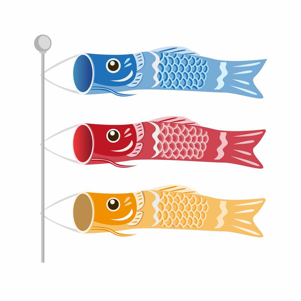 Día de los Niños Japoneses Koinobori, Banderas de carpas de pescado en tres iconos de color establecidos en vector de ilustración plana aislado en fondo blanco - Vector, Imagen
