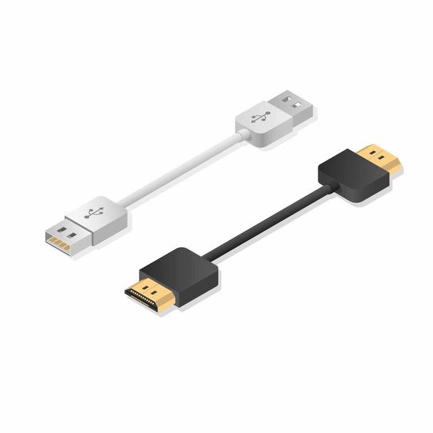 USBとhdmiケーブルの現実的なアイソメトリックイラストベクトルは白い背景に隔離された - ベクター画像