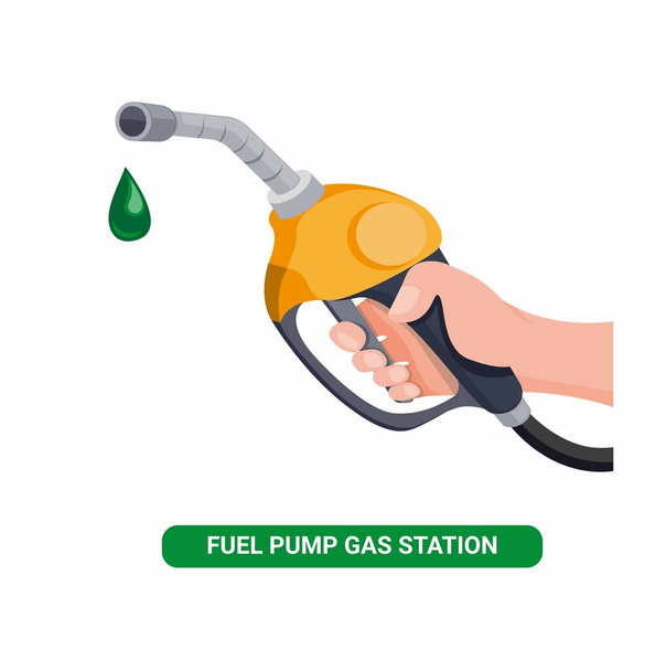 Hand holding brandstof mondstuk, benzinepomp met olievlek in tankstation cartoon platte illustratie vector geïsoleerd in witte achtergrond - Vector, afbeelding