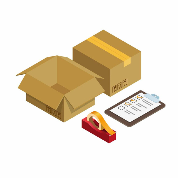 картонная коробка с бумажной доской и рулонной лентой, символ доставки упаковки изометрический вектор иллюстрации изолирован на белом фоне - Вектор,изображение