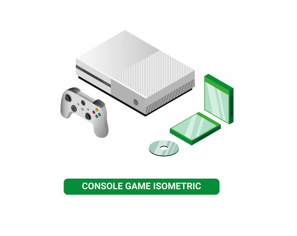 白の背景に隔離された等角線編集可能なベクトルで緑のCDケースと白の色のゲームコンソールデバイス - ベクター画像