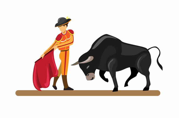 spanish traditional attraction bull and matador in cartoon flat illustration vector isolated in white background - Vector, Image