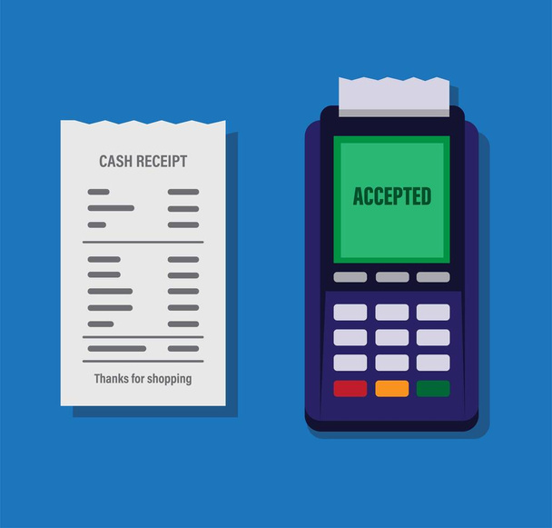 Transakcja płatności terminala pocztowego kartą debetową lub kredytową oraz rachunkiem papierowym płaski edytowalny wektor ilustrujący udaną koncepcję płatności elektronicznej - Wektor, obraz