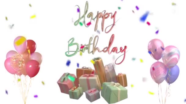Birthday Greeting and Confetti Falling 4K Animation. Abstract seamless Happy Birthday text with colorful party, colorful confetti and gift dancing background. - Footage, Video