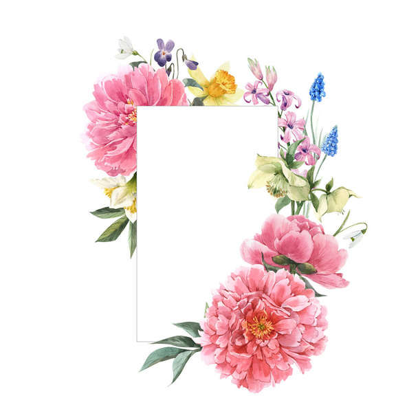 Beautiful floral wreath with watercolor hand drawn gentle summer flowers. Stock illustration. - Zdjęcie, obraz