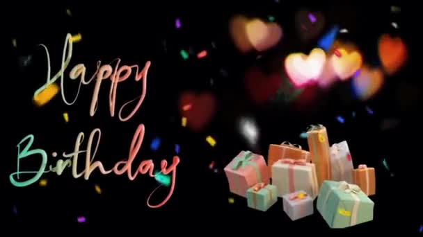 Birthday Greeting and Confetti Falling 4K Animation. Abstract seamless Happy Birthday text with colorful party, colorful confetti and gift dancing background. - Footage, Video