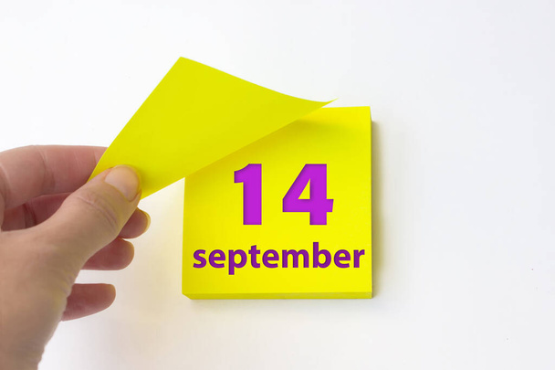 14-ое сентября. день 14 месяца, календарная дата. Рука отрывает желтый лист календаря. осень месяц, день года концепция - Фото, изображение