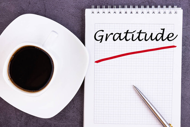 Gratitude - handwriting on a notebook with pen and a cup of coffee - Zdjęcie, obraz