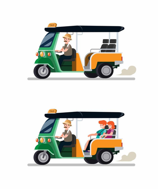 Tuk tuk rickshaw transporte tradicional de tailandia con conductor y turista pareja icono conjunto. Dibujos animados ilustración vector plano - Vector, imagen