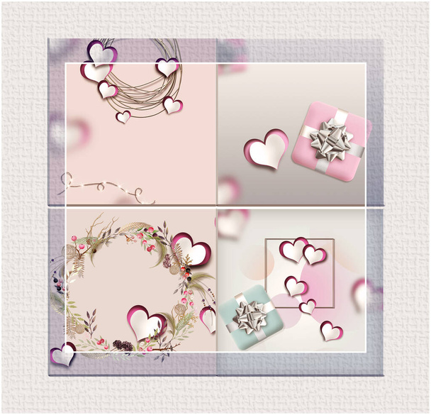 Elegant love hearts collage in pastel pink colour. Valentines card in elegant faded style. 3D illustration - Foto, imagen
