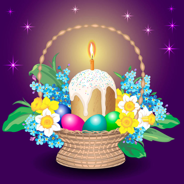 Easter basket with Easter cake, eggs, candle and spring flowers against the background of the starry sky - Vecteur, image