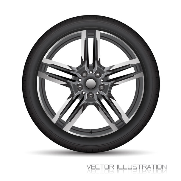 Realistic allow car wheel silver grey star shape with black tire on white background design sport vector illustration. - Vector, Image