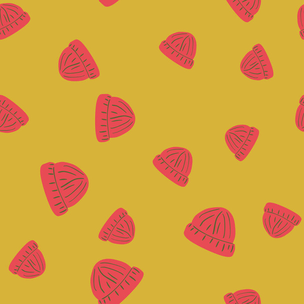 Willekeurig roze gekleurde muts hoed naadloze doodle patroon. Gele achtergrond. Warme winterse achtergrond. Voorraadillustratie. Vector ontwerp voor textiel, stof, cadeaupapier, wallpapers. - Vector, afbeelding