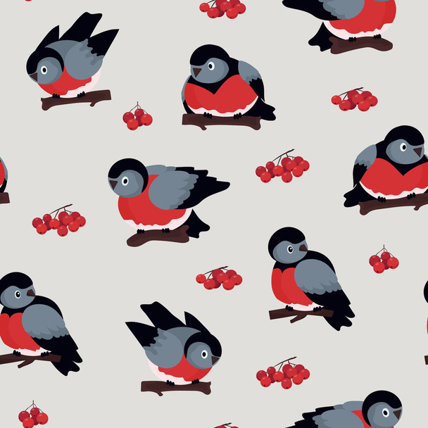 Seamless vector pattern of birds. Tits with red bellies and rowan berries. The concept of conservation and frugality of nature. For paper, cover, fabric, gift wrap, wallpaper, home decor. - Vettoriali, immagini
