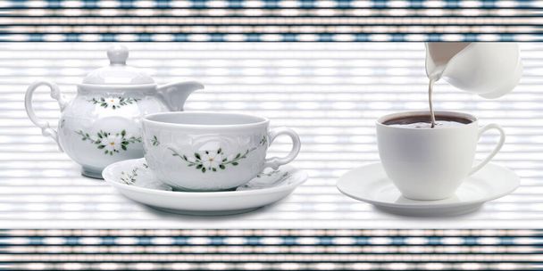 xícara de café de chá com imagem de ilustração de panela no uso de superfície de cor branca para telhas cerâmicas e uso de papel de parede - Foto, Imagem