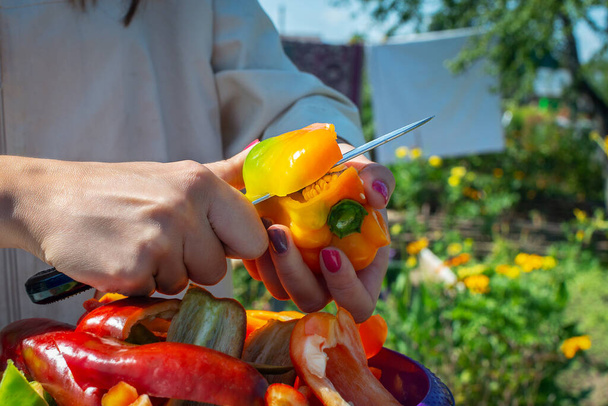 Hands of a young woman with a knife cut ripe capsicum outdoors. Cooking fresh, ripe, bell pepper salad during a picnic. Summer fresh vegetable salad. - Photo, Image