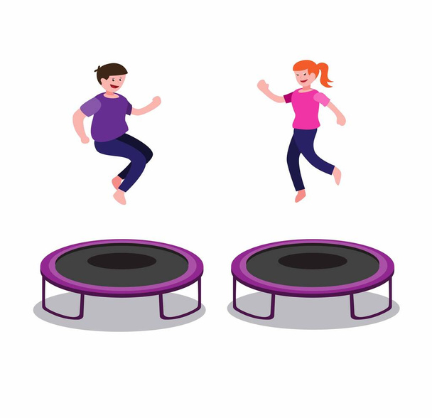 menino e menina jogando trampolim, indoor ou arena esporte para exercício e recreação desenho animado plana ilustração vetor - Vetor, Imagem