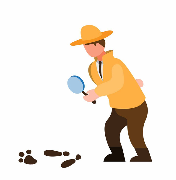 detective holding magnifier glass inspecting foodstep people or animal, trying to solve mystery cartoon flat illustration vector - Vector, Image