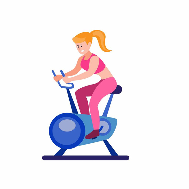 κορίτσι ιππασία σταθερό ποδήλατο στο γυμναστήριο ή το σπίτι, κινουμένων σχεδίων επίπεδη εικονογράφηση διάνυσμα απομονωμένο σε λευκό backgrou - Διάνυσμα, εικόνα