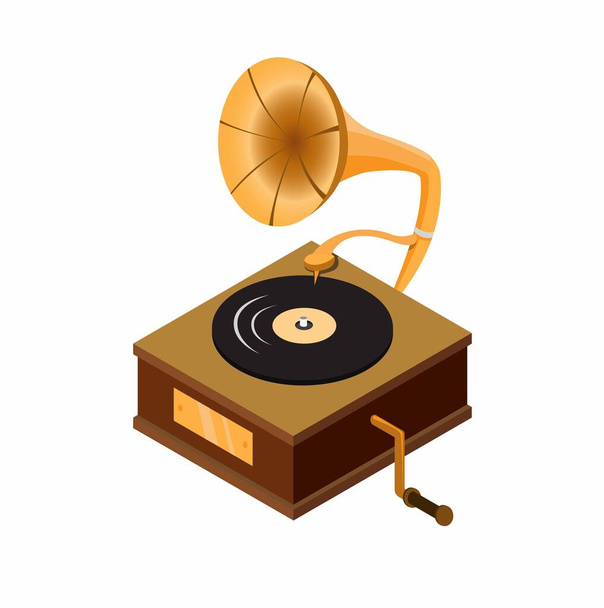 gramophone isometric, classic audio music player device wooden box with vinyl record cartoon flat illustrtion vector - Vetor, Imagem