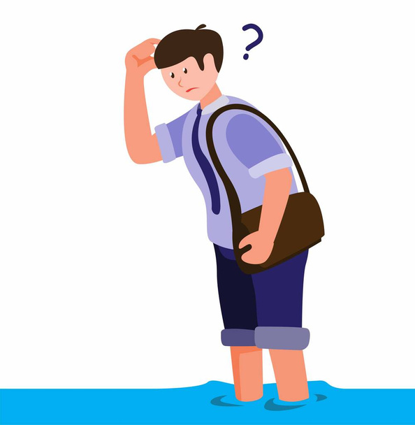 man affected by the flood of confusion looking for goods or sources of flood disaster cartoon flat illustration vector - Vector, Image