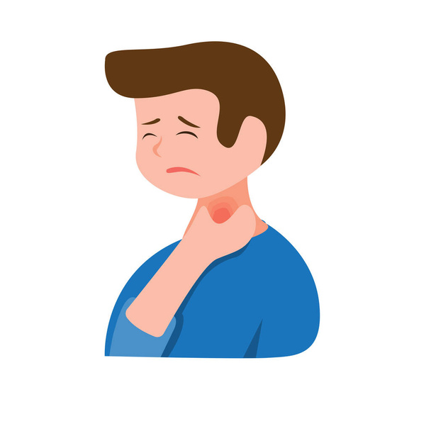 nemocný muž trpící bolestí v krku, držící se za krk. Cartoon ploché izolované ilustrace na bílém pozadí. Koncept příznaků onemocnění a onemocnění - Vektor, obrázek