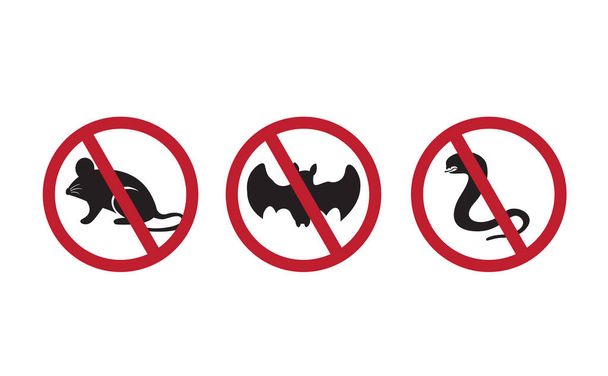 Ningún vector de signo prihibitivo de rata, serpiente y murciélago aislado en fondo blanco - Vector, Imagen