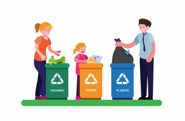 le persone o la famiglia mettere spazzatura su spazzatura con il simbolo di cernita di riciclare plastica, organico e carta in fumetto vettore illustrazione piatta - Vettoriali, immagini