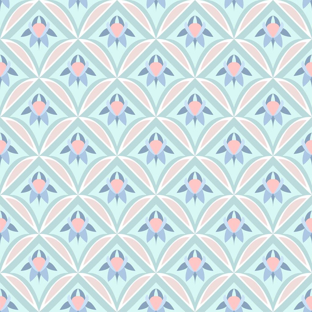 Vetor sem costura repetir padrão floral e geométrico abstrato em rosa pálido e azul em um design de tesselação - Vetor, Imagem