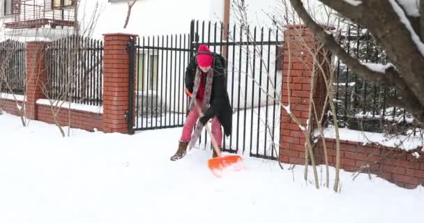 Vrouw reinigt de weg met een sneeuwschop, begint de schop te bespelen als een gitaar. Grappige vrouw in de winter dansen met sneeuwschuivers en schoppen sneeuw - Video