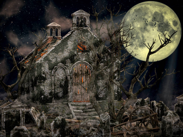 Ένα μεσαιωνικό νεκροταφείο τη νύχτα, με τάφους, νεκρά δέντρα και αρπακτικά πουλιά.. - Φωτογραφία, εικόνα