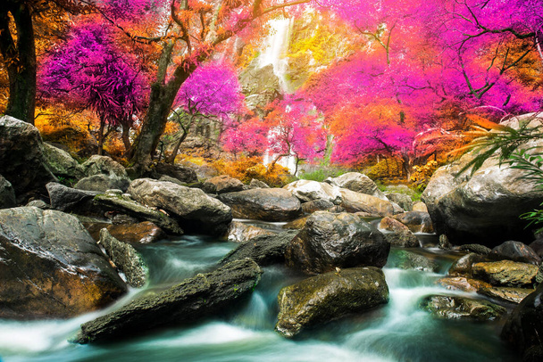 Increíble en la naturaleza, hermosa cascada en el colorido bosque de otoño en temporada de otoño  - Foto, imagen