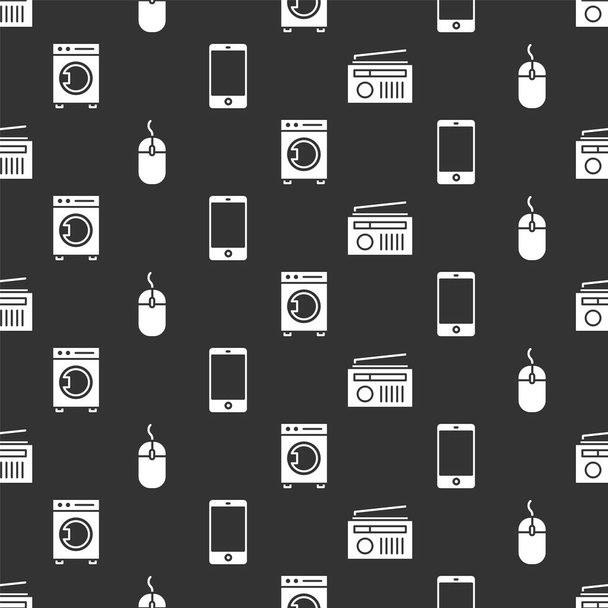 Set Radio with antenna, Computer mouse, Washer and Smartphone, mobile phone on seamless pattern. Vector. - Vector, Image