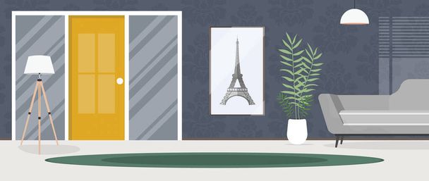 Chambre moderne avec canapé, tapis, lampe et plante d'intérieur. Cartoon style. Illustration vectorielle. - Vecteur, image