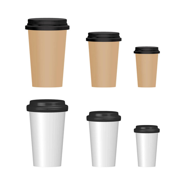 Conjunto de iconos de taza de café 3D. Papel o vidrio maqueta de plástico. Colección de copas de diferentes tamaños. Ilustración vectorial aislada en blanco. - Vector, Imagen