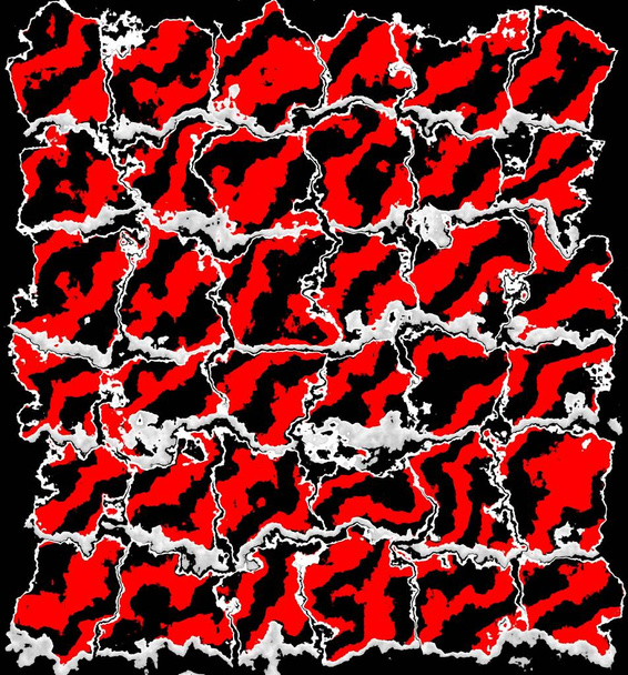 patroon en ontwerp van vele geometrische 3D illustratie vierkanten met rode en zwarte diagonale strepen elk binnen een wit frame - Foto, afbeelding