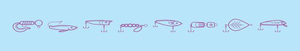 conjunto de pesca tackle plantilla de diseño icono de dibujos animados con varios modelos. ilustración vectorial moderna aislada sobre fondo azul - Vector, imagen