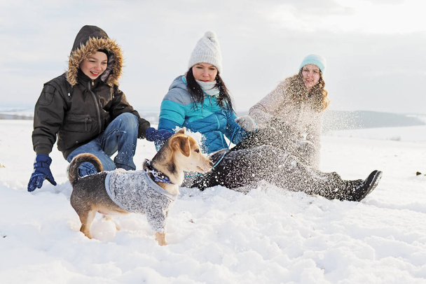 οικογένεια βόλτες το μικρό σκυλί με μάλλινα ρούχα στο χιόνι κατά τη διάρκεια του χειμώνα - Φωτογραφία, εικόνα