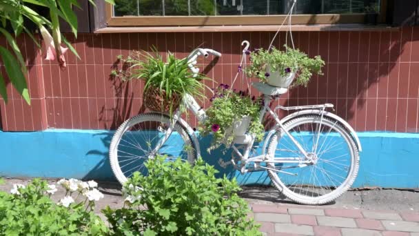 Fehér kerékpár dekoráció virág kosarak közelében egy ház. - Felvétel, videó