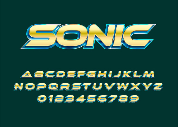 Sonic Text-Effekt, Modern fett glänzende goldene Text-Effekt mit 3D-Stil. Set aus Alphabet und Zahl für Plakatüberschrift, Werbung, Logo-Branding - Vektor, Bild