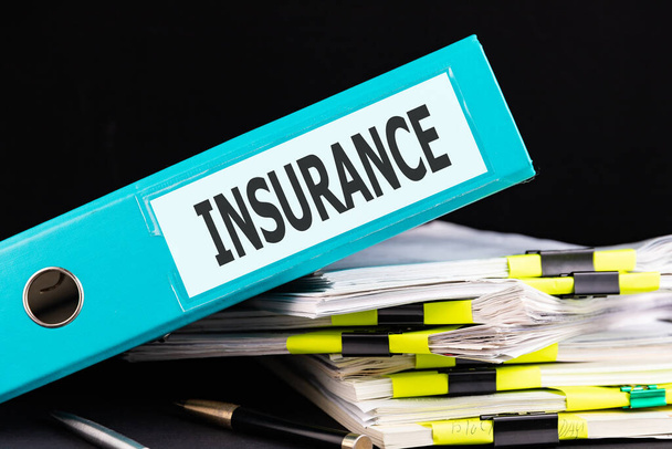 Business concept with text INSURANCE on a folder lying on documents on an office desk. - Foto, afbeelding