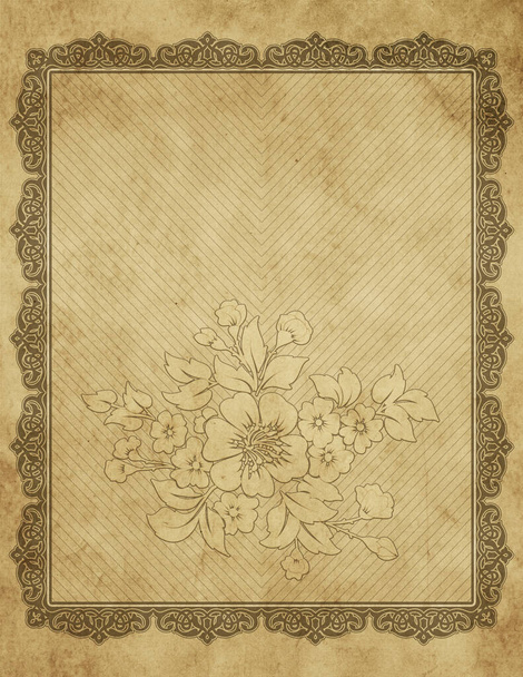 Old dirty paper background with decorative flowers and ornamental border. Vintage paper for the design. - Photo, image